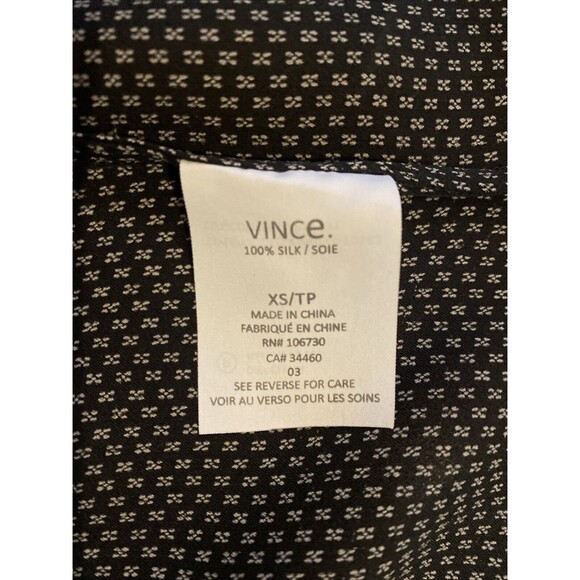 Vince Silk Popover Blouse Black White Long Sleeve Banded Collar Classic Size XS - Picture 13 of 14